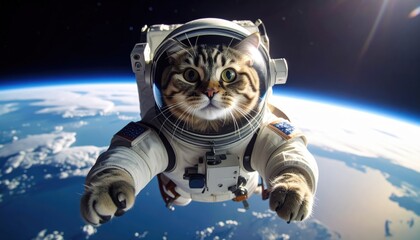 Tabby Cat Astronaut Floating in Space Above Earth with American Flag Patch