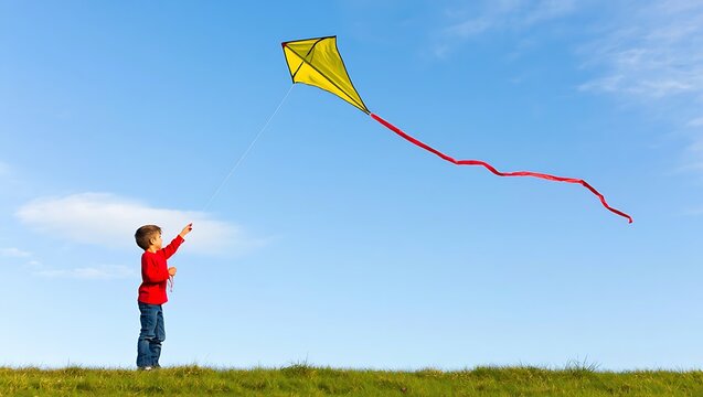 Boy flying a yellow kite with a red tail on a sunny day