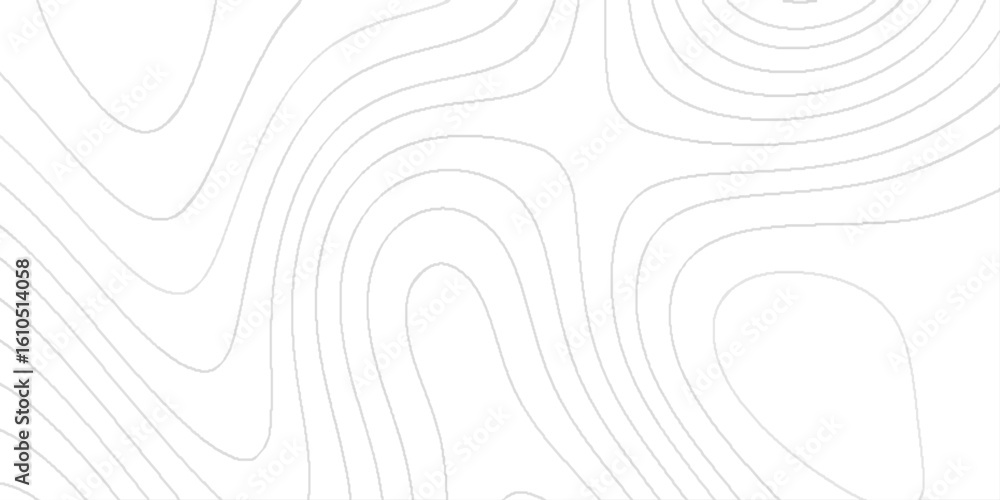 Poster topographic map design with a series of smooth and curved contour lines in light gray against a whit