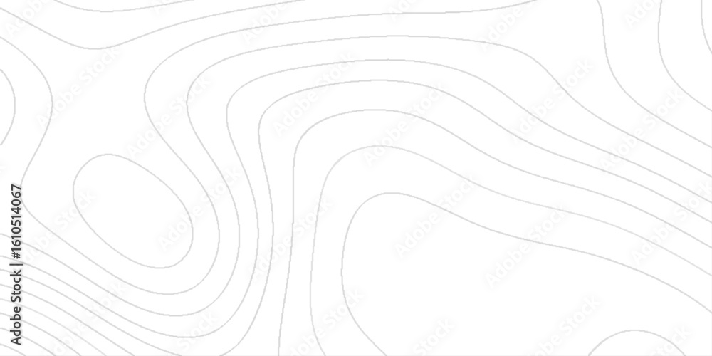Poster topographic map design with a series of smooth and curved contour lines in light gray against a whit