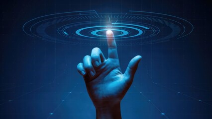 Futuristic finger touching glowing digital interface, future technology and innovation concept