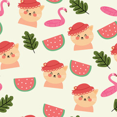 Seamless pattern cartoon cat with wearing a red hat and watermelon, cute animal wallpaper for fabric print, summer, gift wrap paper