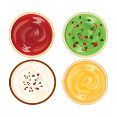 Set of Sauce from Top View. Tomato sauce. Guacamole. Salsa Dip. Cheese Sauce. 