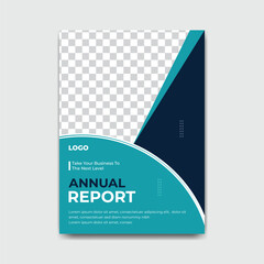 Annual report template with modern skyscrapers and geometric design