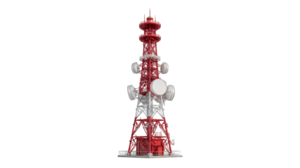 Tall red and white telecommunications tower with antennas,