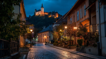 Obraz premium Night view of illuminated castle on hill above cobblestone street in european town