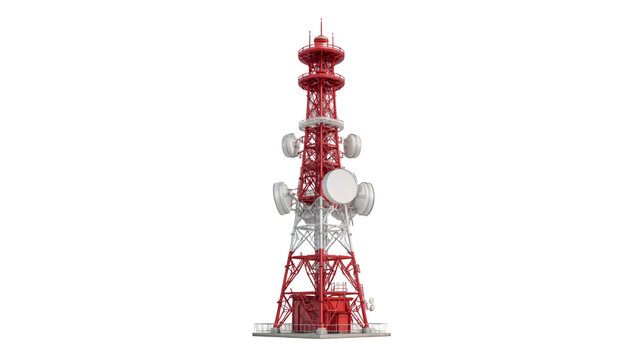 Tall red and white telecommunications tower with antennas,