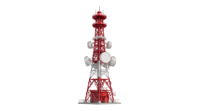 Tall red and white telecommunications tower with antennas,