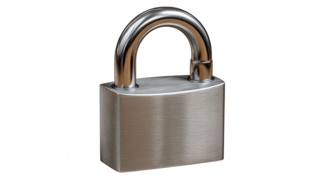 A shiny silver metal padlock for security and protection is isolated on transparent background