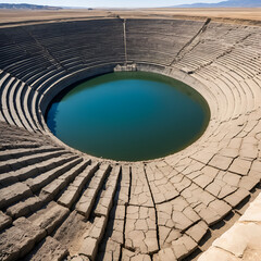 Drained reservoir revealing sunken structures, mismanaged water use, scarcity theme