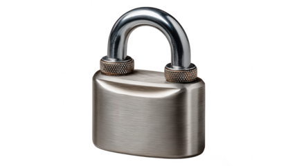 A shiny silver metal padlock with textured knobs for security and protection is isolated on transparent background
