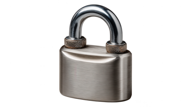 A shiny silver metal padlock with textured knobs for security and protection is isolated on transparent background