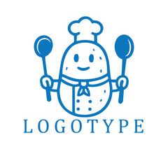 Chef potato mascot in blUE and white, holding ladle and spoon.