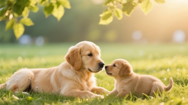 Two golden retriever puppies interacting affectionately in a sunlit park