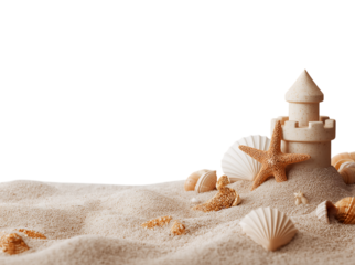 Sand with starfish and shells on top, sand castle, sand hills, beach landscape, summer mood isolated on a transparent background