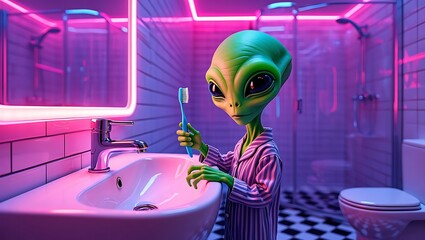 Green Alien in Pajamas Brushing Teeth in a Neon Lit Bathroom