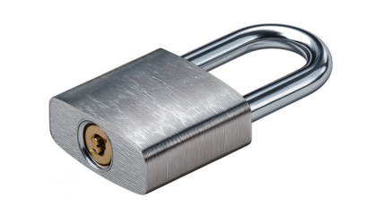 A shiny silver padlock isolated on transparent background, offering security and protection with its robust metal construction