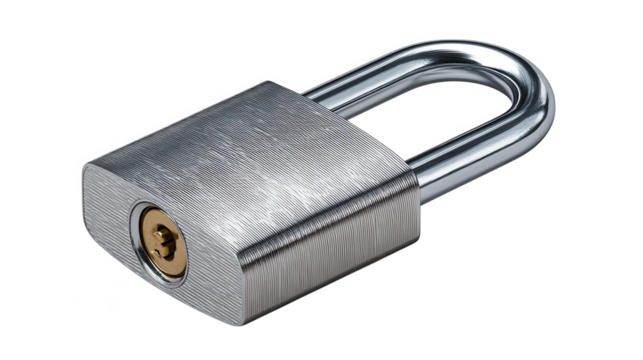 A shiny silver padlock isolated on transparent background, offering security and protection with its robust metal construction