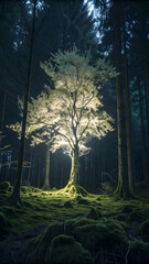 Illuminated Tree in Mossy Forest with Enchanting Light and Shadow