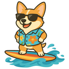 Cartoon of a corgi surfing in a Hawaiian shirt, summer vibe, kawaii, sea. Kawaii Pet Illustrations for Merchandise, surfing corgi dog cartoon surfing corgi sticker surfing corgi beach 
