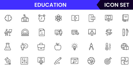 Education vector line icons featuring books, graduation caps, classrooms, teachers, students, online learning, diplomas, study tools, and knowledge sharing symbols.