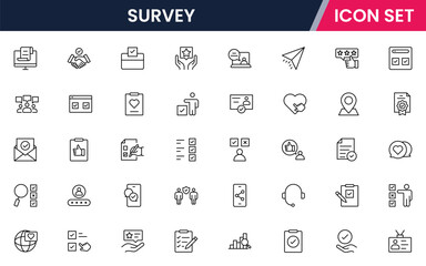 Survey vector line icons featuring questionnaires, check boxes, charts, data collection, feedback forms, analysis, polls, responses, and statistical insights.