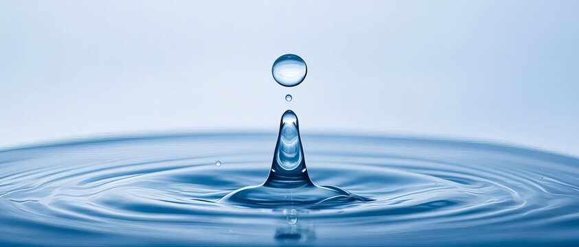 Close-up shot of a water drop splashing, creating ripples on the water surface, blue fresh artistic conception