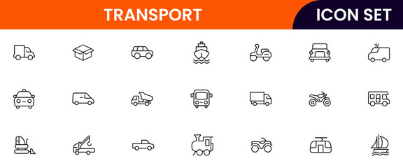 Transport vector line icons featuring cars, buses, trains, airplanes, bicycles, shipping, logistics, maps, routes, and travel infrastructure symbols.