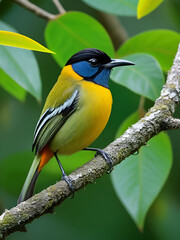 Fototapeta premium black-faced honeycreeper - rare bird on a branch of an old tree in the rainforest,