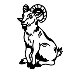 Simple line art drawing of a majestic ram with large horns
