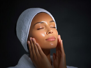 woman applying facial skincare in beauty room soft light