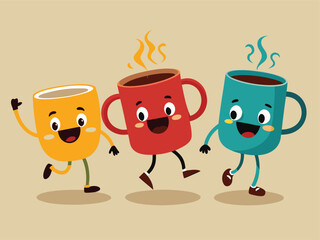 Coffee Cup Cartoon with Expressive Faces