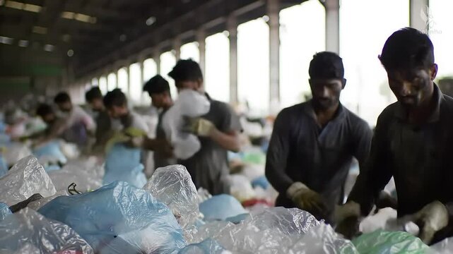 Workers sort plastic bags in a large warehouse