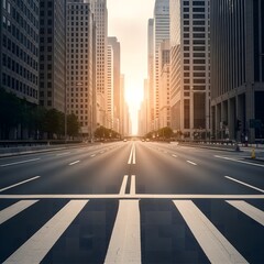 Obraz premium The golden sun shines brightly down a deserted city street canyon, illuminating the empty asphalt road and modern skyscrapers at dawn.
