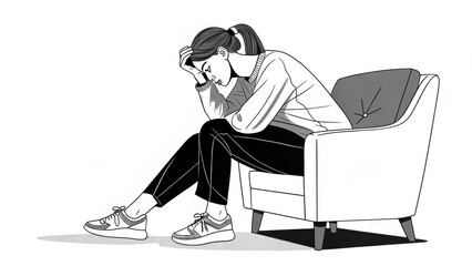 Menopause symptoms concept. A contemplative woman sits on a chair, resting her head on her hand in a moment of reflection.