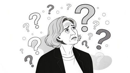 Menopause symptoms concept. Confused woman surrounded by question marks, expressing uncertainty and contemplation.