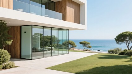 Fototapeta premium Modern coastal house with large glass doors and ocean view