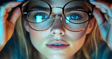 Young woman adjusting glasses while focused on screen
