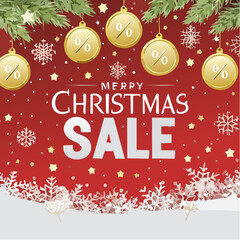 Festive Christmas Sale: A vibrant digital illustration announces a Merry Christmas sale, showcasing ornamental discounts amidst snowflakes and stars on a festive red backdrop.