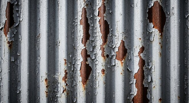 Peeling Paint on Corrugated Metal with Rust, Weathered Industrial Texture Background
