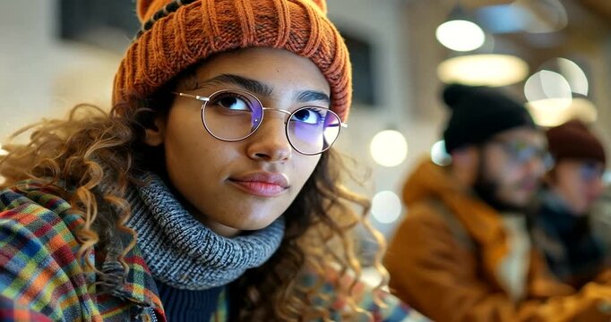 Young woman focused on work in a cozy caf? setting