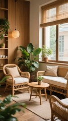 Cozy living room with wicker furniture, plants, and natural light streaming through a large window.