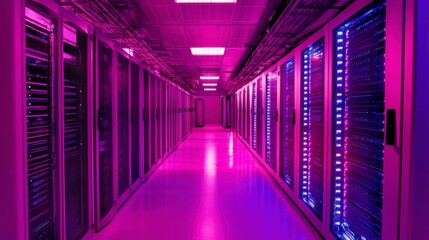 Fototapeta premium Pink and blue lit server room corridor with rows of data storage racks.