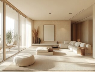 Minimalist Living Room Interior with Neutral Palette, Natural Light, and Contemporary Furniture Design Elements