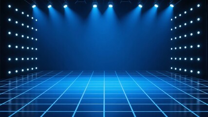 Blue-lit stage with grid floor and spotlights, creating a modern performance ambiance