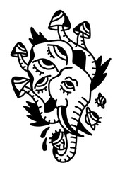 Psychedelic elephant and skull with mushrooms and planets