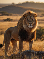 Majestic Male Lion Standing Proudly on a Rock in African Savannah at Sunset