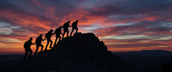 Business Team Overcoming Challenges Together - Silhouettes of a business team climbing a mountain together, helping each other reach the top.