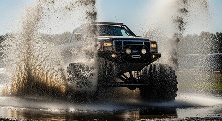 Powerful black monster truck splashing through muddy water with high spray