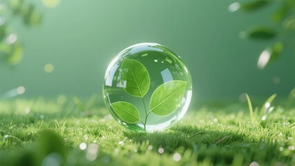 A crystal sphere containing green leaves rests on a grassy surface, symbolizing environmental protection and sustainability.